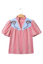 Western Pony Embroidered Gingham Puff Sleeve Blouse