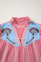 Western Pony Embroidered Gingham Puff Sleeve Blouse