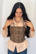 TICTOC "Jolene" Embroidered Western Corset Top — PU Vegan Leather Bandeau with Lace-Up Back (4 Colors)