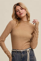 Listicle Lace Long-Sleeve Western Layering Top — Textured High Neck with Ruffle Detail (Tan or Butter)