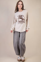 VERY J "Wild West Cowgirls" Western Graphic Knit Top — Oversized Mixed Media (Taupe or Olive)