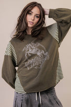 VERY J "Wild West Cowgirls" Western Graphic Knit Top — Oversized Mixed Media (Taupe or Olive)