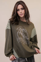 VERY J "Wild West Cowgirls" Western Graphic Knit Top — Oversized Mixed Media (Taupe or Olive)