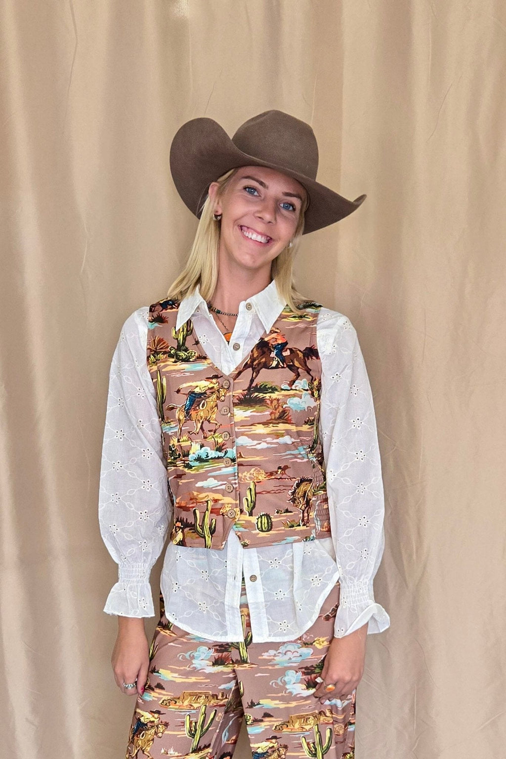 Turquoise Haven "Prairie Eyelet" Western Ruffle Blouse — Ivory Eyelet with Wooden Buttons & Flared Cuff Hem (small remains)