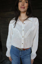 Turquoise Haven "Prairie Eyelet" Western Ruffle Blouse — Ivory Eyelet with Wooden Buttons & Flared Cuff Hem (small remains)