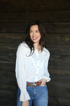 Turquoise Haven "Prairie Eyelet" Western Ruffle Blouse — Ivory Eyelet with Wooden Buttons & Flared Cuff Hem (small remains)